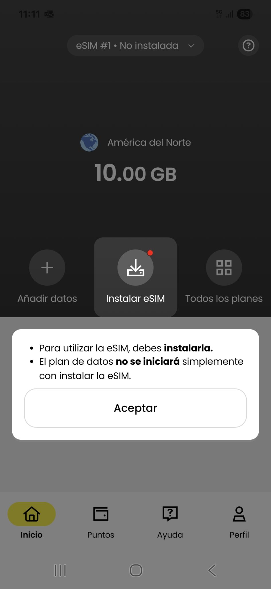 Pantalla inicial de aviso