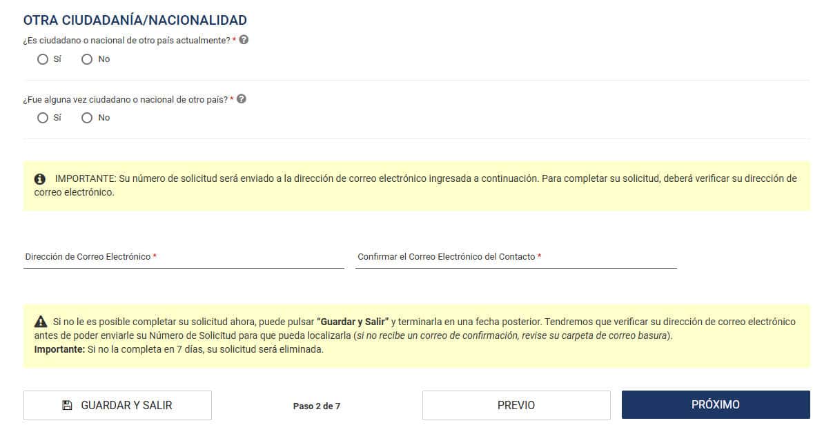 Introducir nacionalidad y email en ESTA